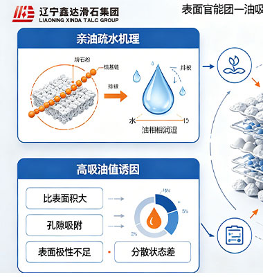 タルク粉の親油疎水メカニズム、官能基の生成要因、高吸油値の誘因と相互関係、吸油値低減に関する専門的解説